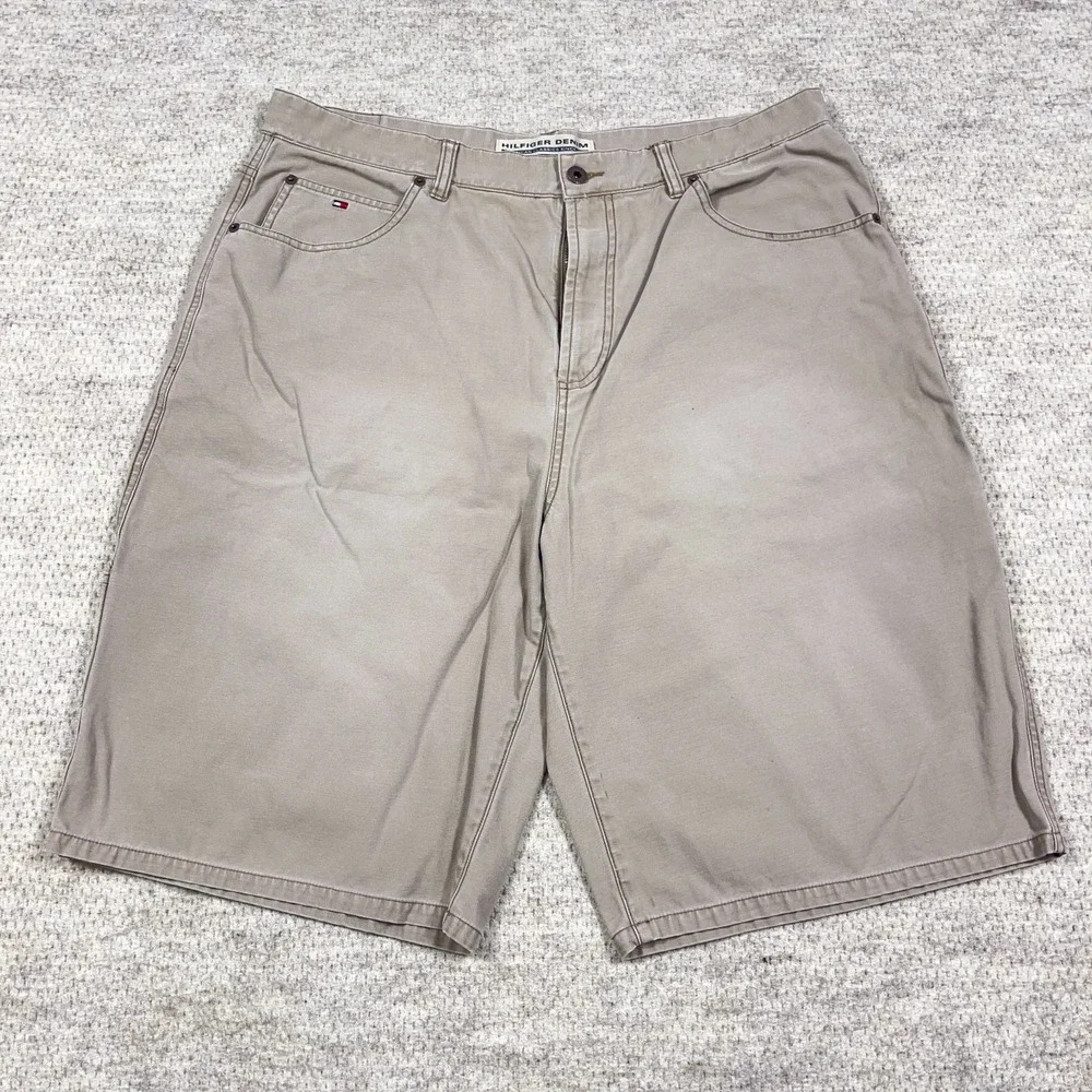 Vintage Y2K Tommy Hilfiger Denim Shorts Men 38 Tan Baggy Jorts Baggy Loose Skate - Picture 2 of 14